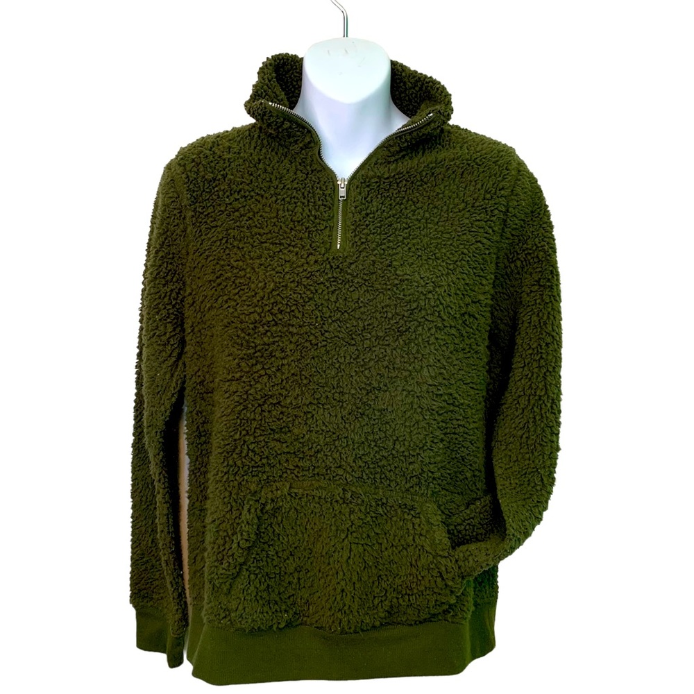 NO BOUNDARIES MOSSY GREEN QUARTER ZIP SHERPA PULL OVER SWEATER SIZE M (7-8)